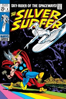 Silver Surfer soaring through cosmic space