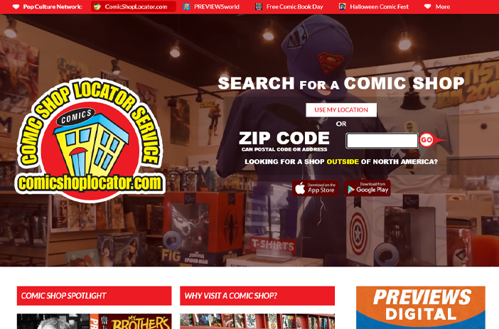 Comic book store shelves stocked with comics