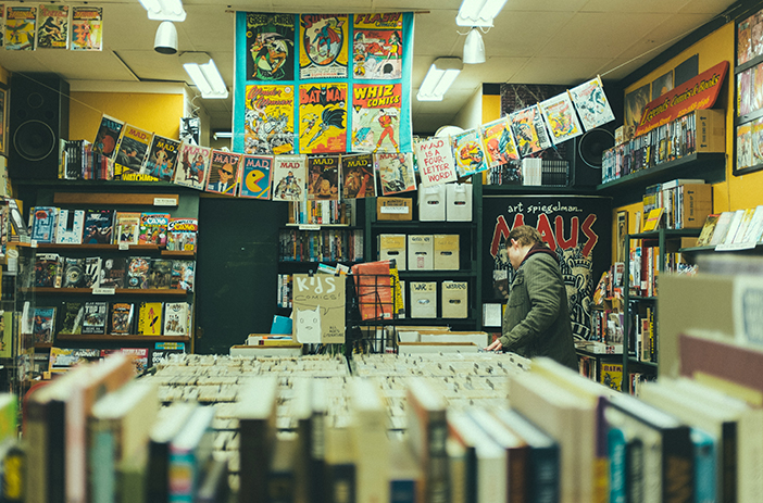 Local comic book shop display shelves