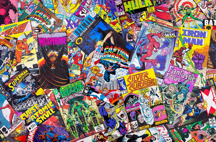 Vintage comic books stacked for sale