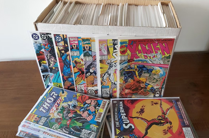 Comics dealer examining books at counter