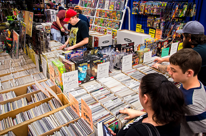 Comics displayed at a convention booth