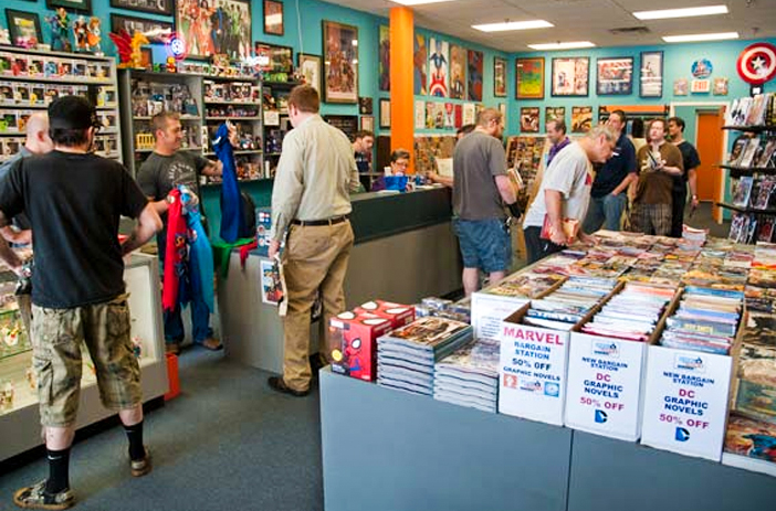 Comic book store shelves filled with issues