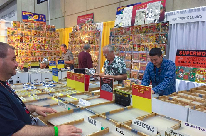 Comic books displayed at convention table