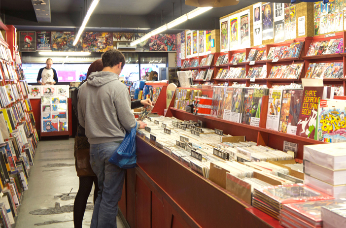 Comic books displayed in a reseller shop