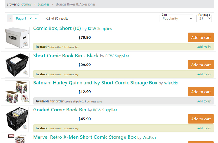 Comic book long boxes stacked on shelves