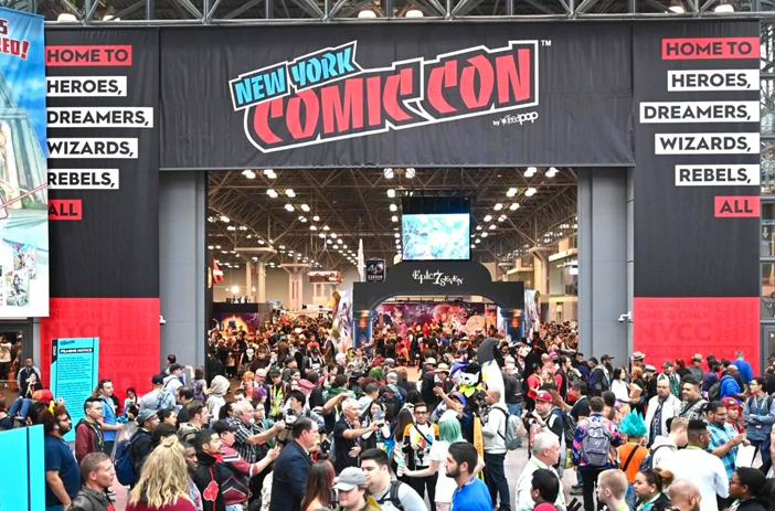 Busy comic book convention hall floor