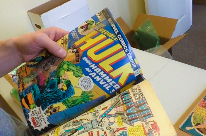 Comic book being examined under bright light