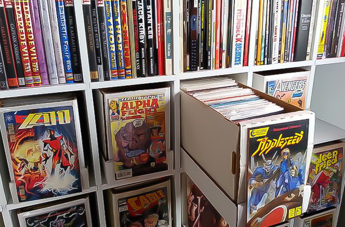 Stacked comic books sorted into phases