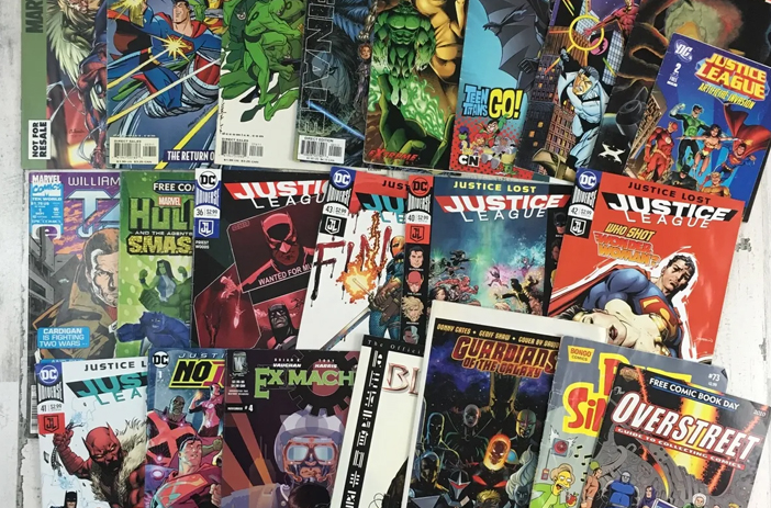 Stack of colorful comic book variants