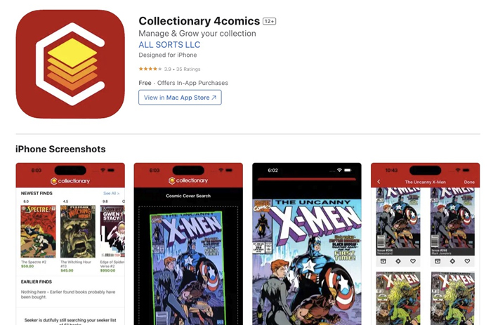 Comic book price app on iPhone screen
