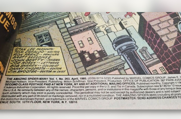 Close-up of comic book copyright page details