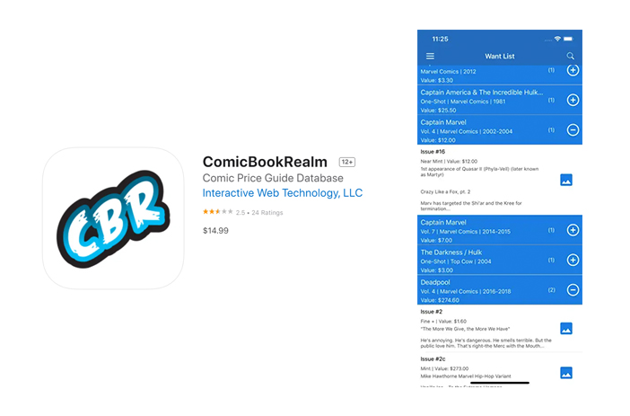 Comic Book Realm app interface on iPhone