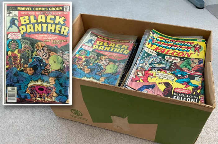 Comic books with price tags on display