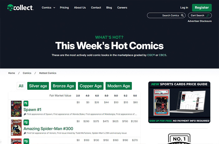 Comic book sales chart with ranking data
