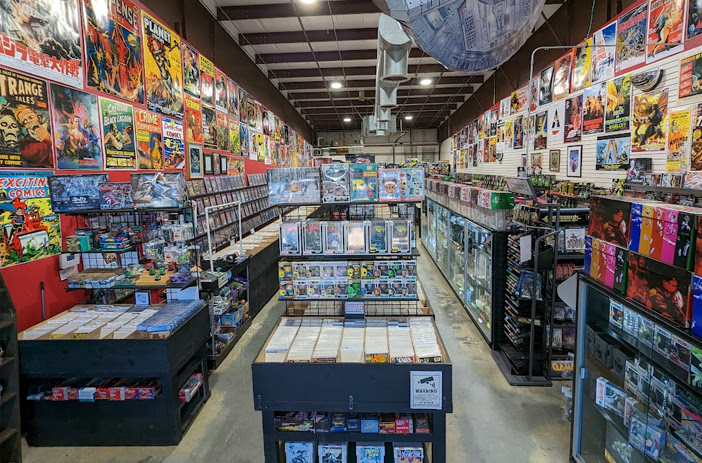 Comic book store interior with shelves