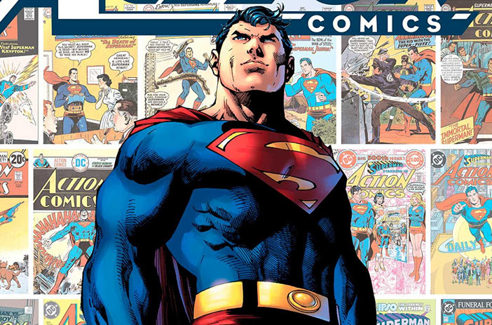 Superman comic books displayed through decades