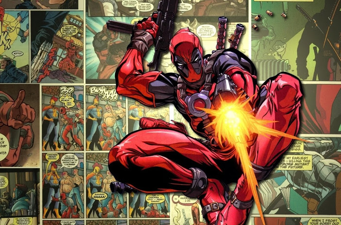 Deadpool comics spread on display