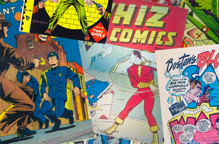 Vintage comic books stacked with worn covers