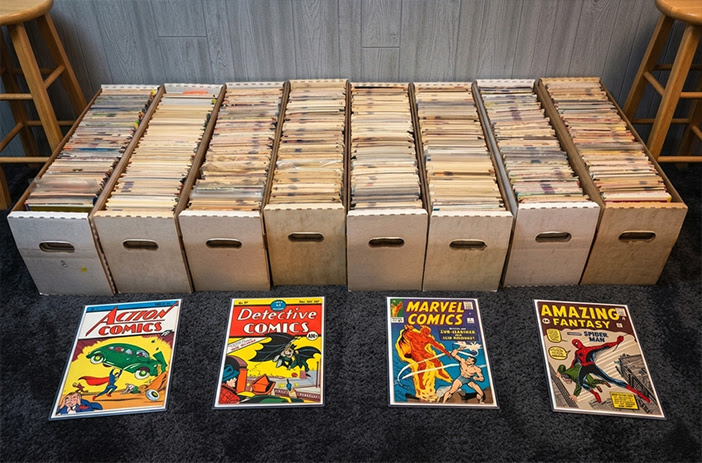 Comic books stored in protective plastic sleeves