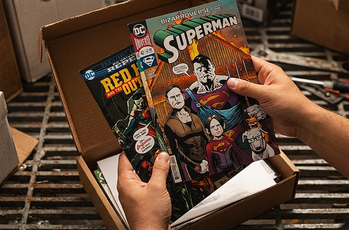 Person reviewing financial documents and comic books