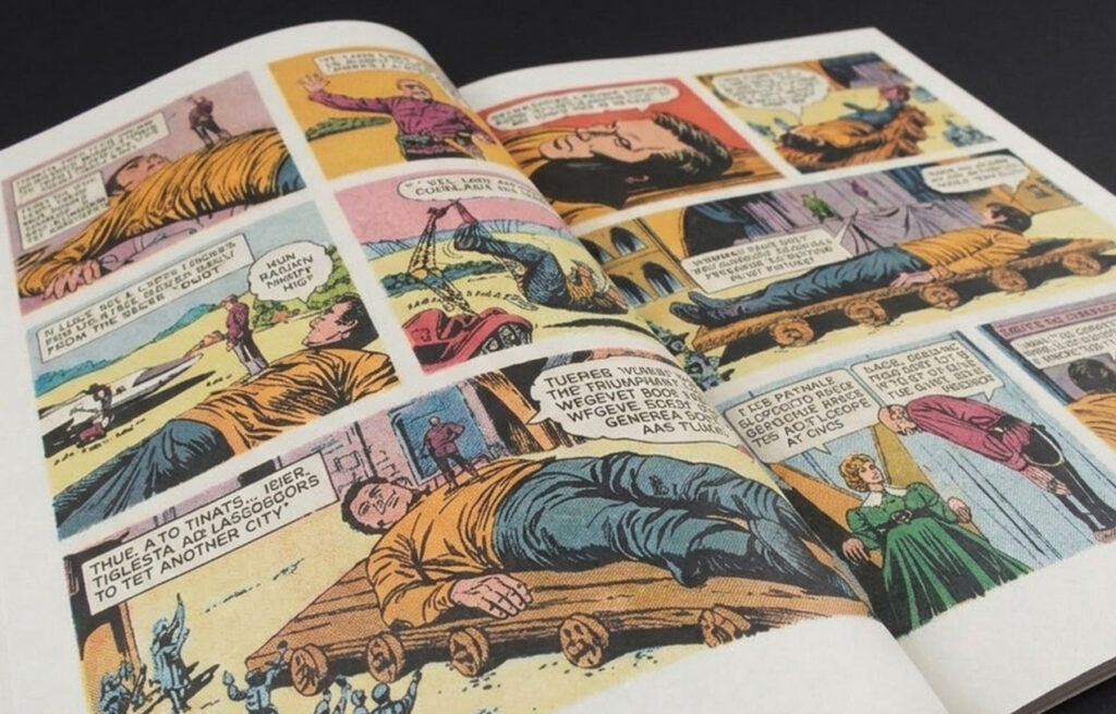Yellowed comic pages beside white pages
