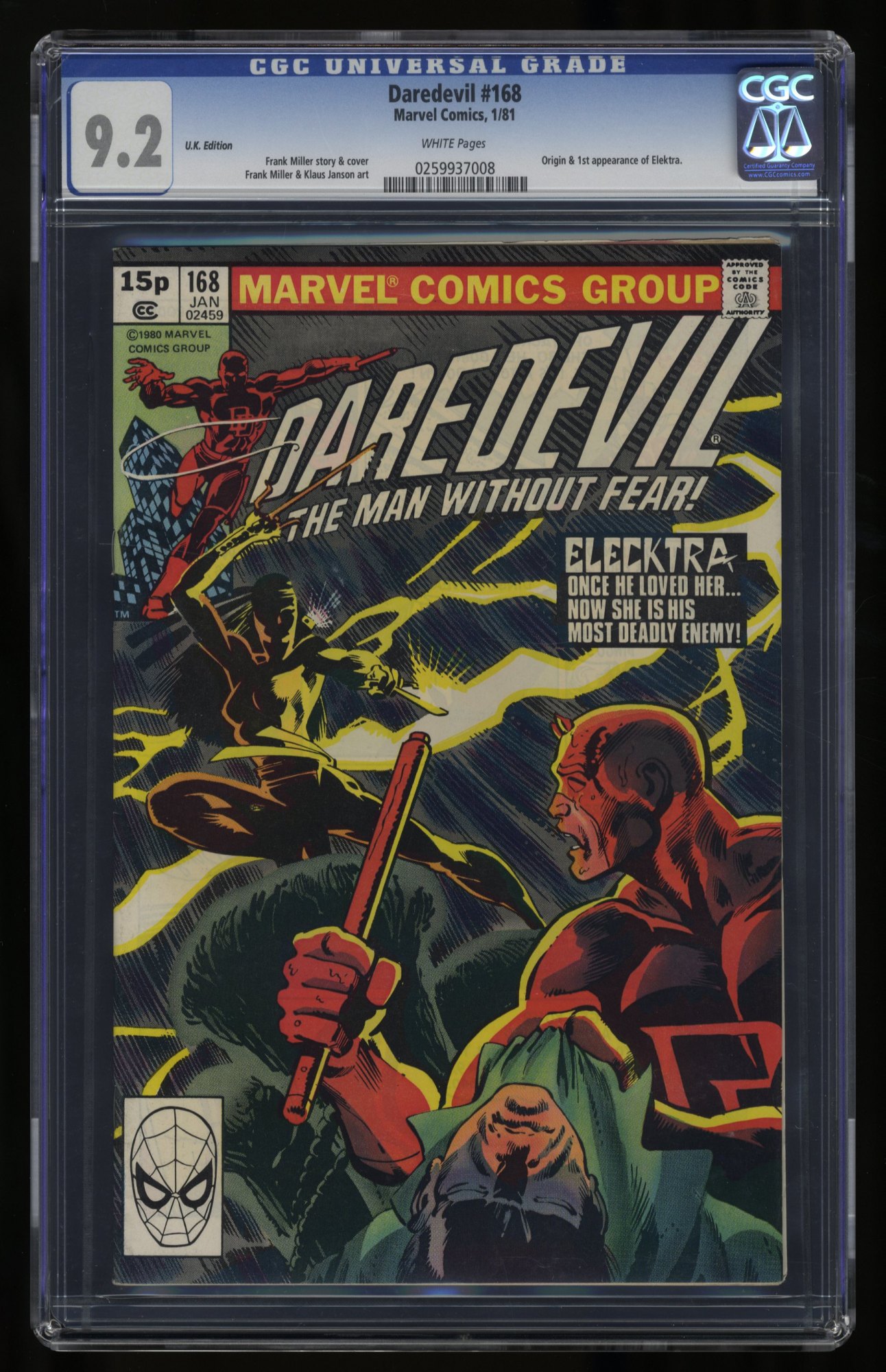 Image: Daredevil #168 CGC NM- 9.2 White Pages UK Price Variant 1st Appearance Elektra!