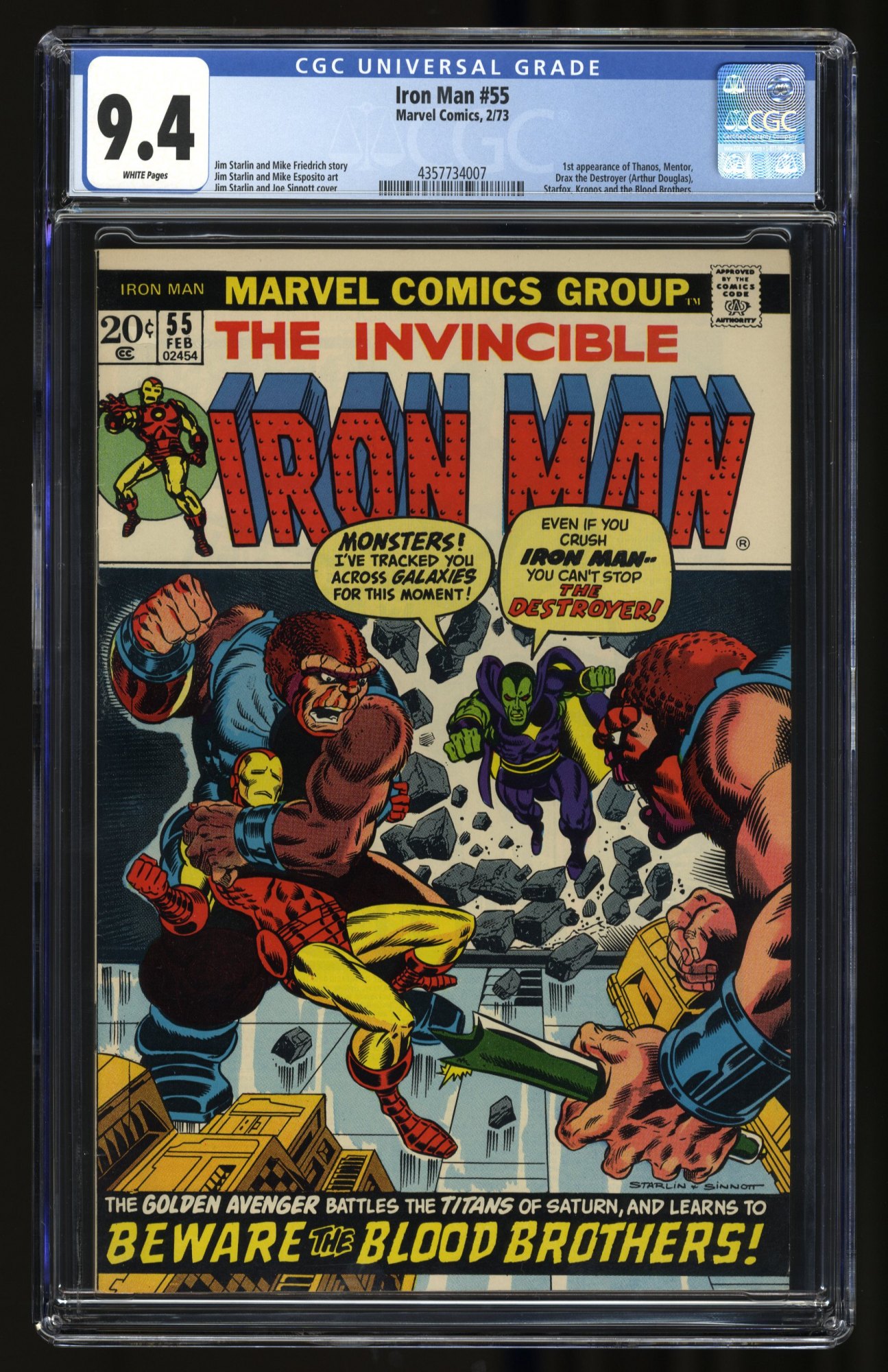Iron Man #55 CGC NM 9.4 White Pages 1st Appearance Thanos! Drax the Destroyer! 
