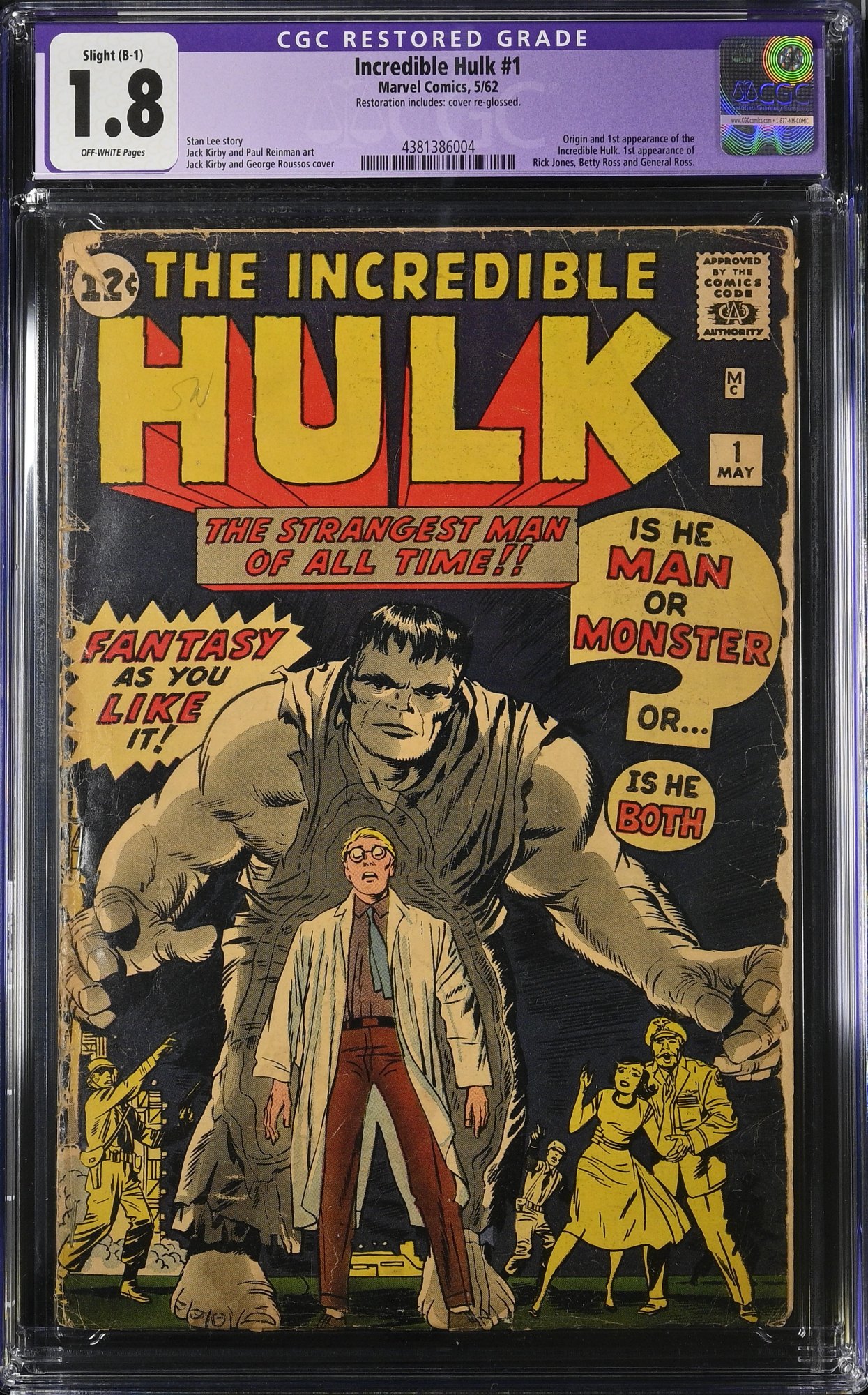 Incredible Hulk #1 CGC GD- 1.8 Off White (Restored) 1st Appearance Hulk!
