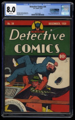 Detective Comics #34 CGC VF 8.0 White Pages Pre-Robin Batman!
