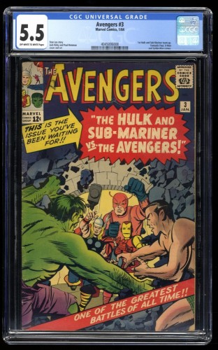Avengers #3 CGC FN- 5.5 Off White to White 1st Hulk and Sub-Mariner Team-Up!