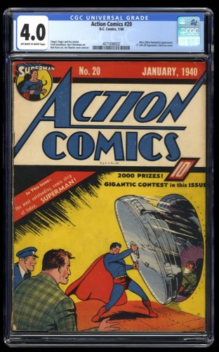 Action Comics #20 CGC VG 4.0 Off White to White Classic Early Superman Cover!