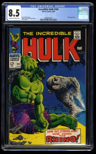Incredible Hulk #104 CGC VF+ 8.5 Off White to White Classic Battle vs Rhino!