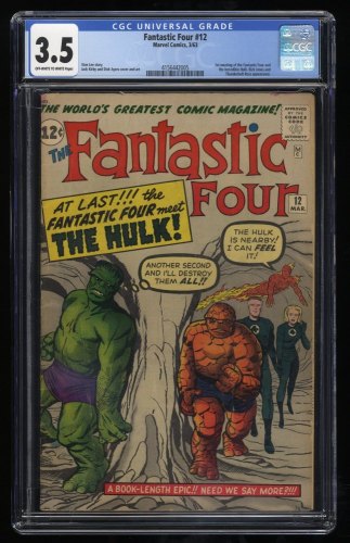 Fantastic Four #12 CGC VG- 3.5 Off White to White  1st Hulk vs Thing Battle!