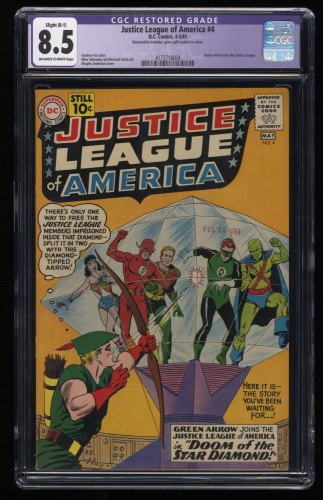 Justice League Of America #4 CGC VF+ 8.5 (Restored) Green Arrow Joins!