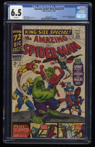 Amazing Spider-Man Annual #3 CGC FN+ 6.5 White Pages Captain America Hulk!