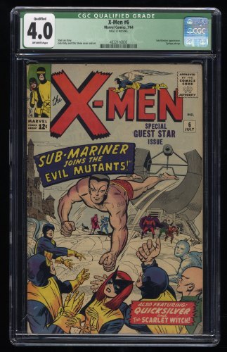 X-Men #6 CGC VG 4.0 (Qualified) Namor Sub-Mariner Appearance! Stan Lee Kirby!