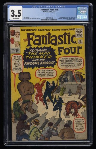Cover Scan: Fantastic Four #15 CGC VG- 3.5 Off White 1st Appearance Mad Thinker! - Item ID #249785