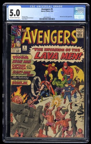 Avengers #5 CGC VG/FN 5.0 Off White to White Hulk and Lava Men Appearance!