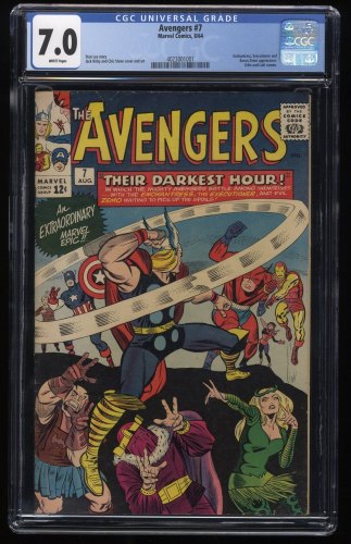Cover Scan: Avengers #7 CGC FN/VF 7.0 White Pages Enchantress Thor Loki Baron Zemo and Odin - Item ID #251463
