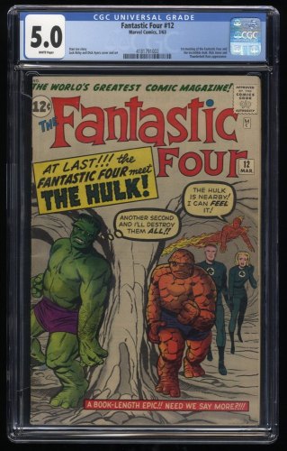 Fantastic Four #12 CGC VG/FN 5.0 White Pages  1st Hulk vs Thing Battle!