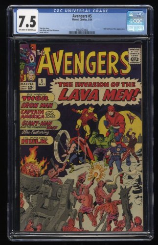 Avengers #5 CGC VF- 7.5 Off White to White Hulk and Lava Men Appearance!