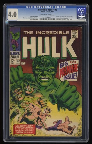 Cover Scan: Incredible Hulk #102 CGC VG 4.0 Off White to White Continued from Tales 101! - Item ID #268182
