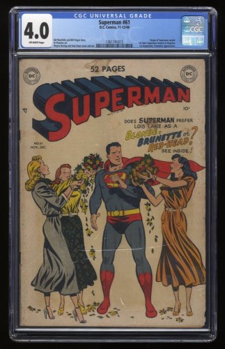 Cover Scan: Superman #61 CGC VG 4.0 Off White 1st Kryptonite! - Item ID #270937
