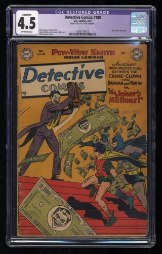 Cover Scan: Detective Comics #180 CGC VG+ 4.5 (Restored) Batman! Robin! Joker Cover! 1952! - Item ID #290468