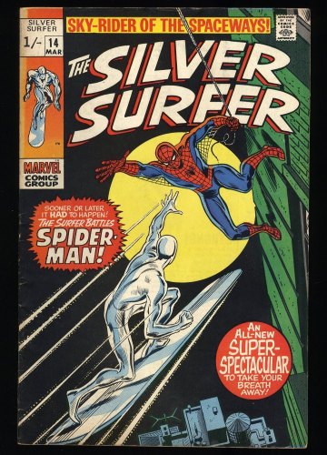 Cover Scan: Silver Surfer #14 FN 6.0 UK Price Variant  Appearance of Amazing Spider-Man! - Item ID #337395