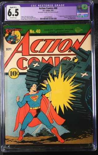 Cover Scan: Action Comics #40 CGC FN+ 6.5 Off White (Restored) Classic WWII Superman Cover! - Item ID #348250