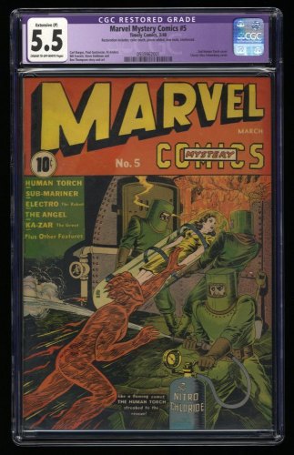 Cover Scan: Marvel Mystery Comics #5 CGC FN- 5.5 (Restored) 2nd Human Torch! - Item ID #349954