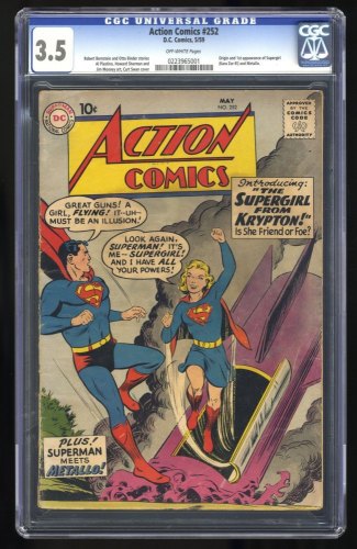 Cover Scan: Action Comics #252 CGC VG- 3.5 Off White Origin and 1st Appearance Supergirl! - Item ID #358744