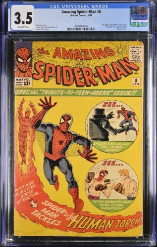 Cover Scan: Amazing Spider-Man #8 CGC VG- 3.5 1st Appearance Living Brain! Human Torch! - Item ID #372934